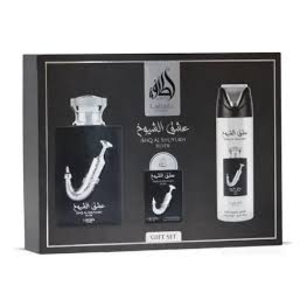 SET LATTAFA ISHQ AL SHUYUKH SILVER 4 PZAS CABALLERO
